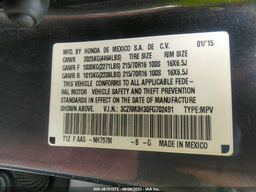 2015 HONDA CR-V LX - 3CZRM3H30FG702491