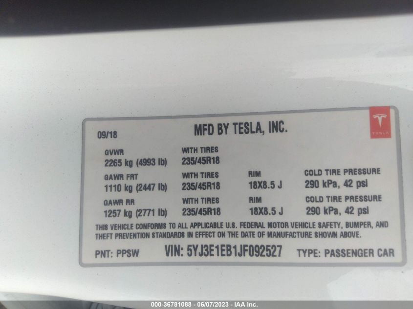 2018 TESLA MODEL 3 LONG RANGE - 5YJ3E1EB1JF092527