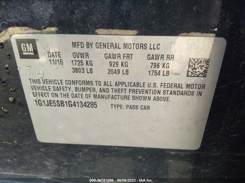 2016 CHEVROLET SONIC LTZ - 1G1JE5SB1G4134285