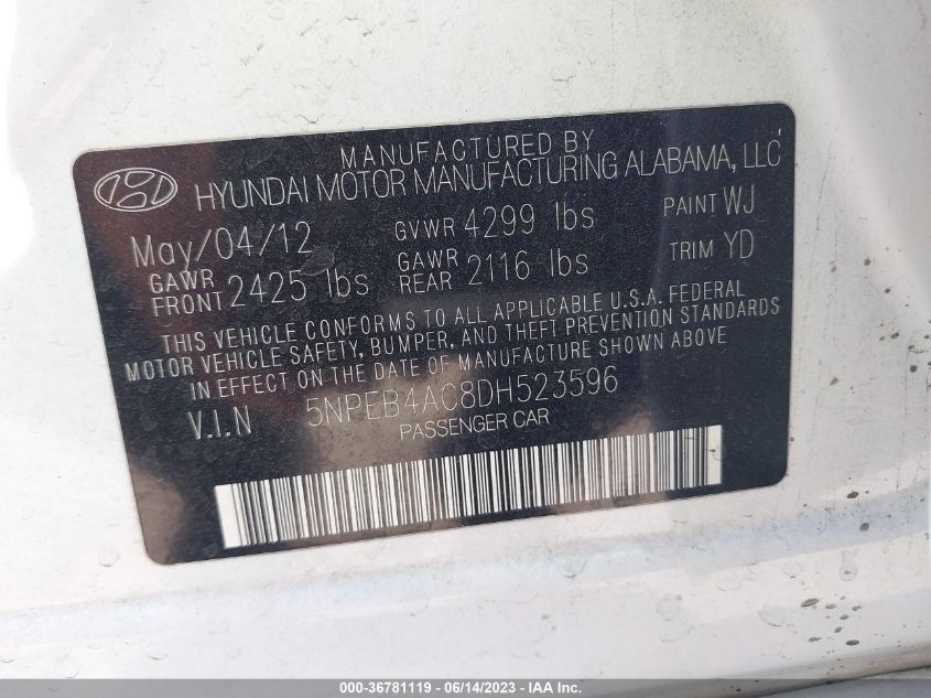 2013 HYUNDAI SONATA GLS - 5NPEB4AC8DH523596