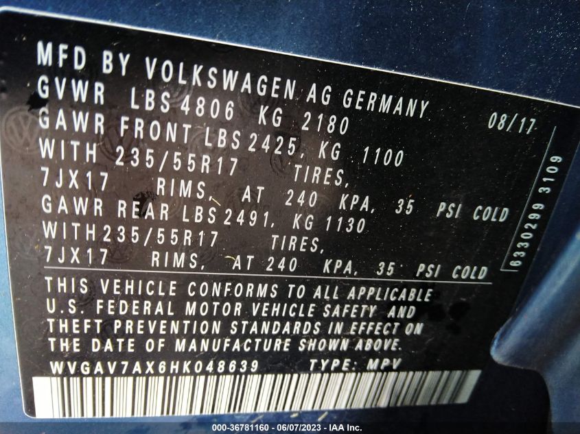 2017 VOLKSWAGEN TIGUAN - WVGAV7AX6HK048639