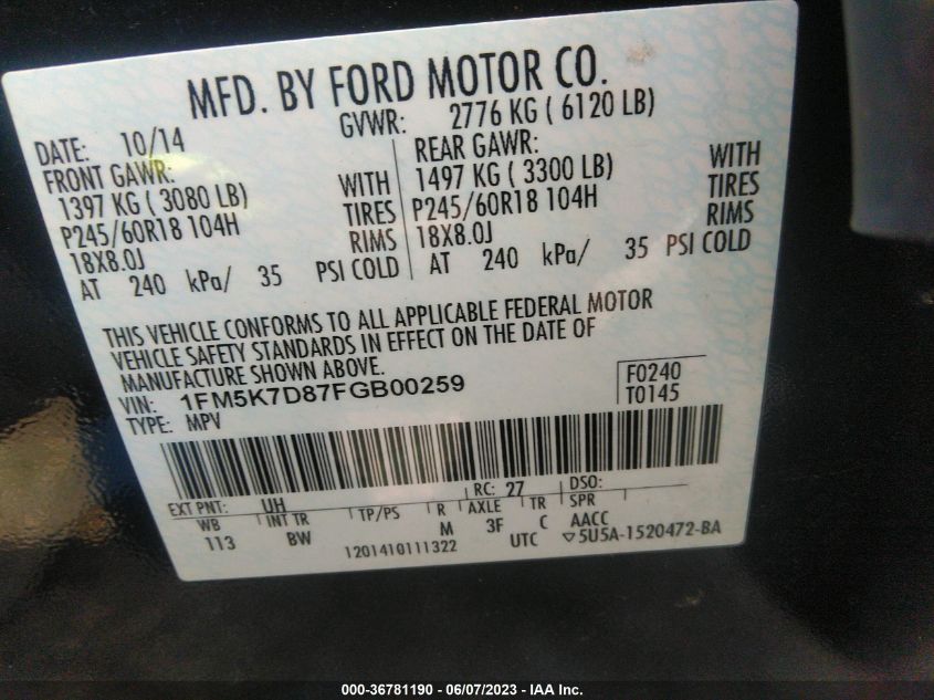 2015 FORD EXPLORER XLT - 1FM5K7D87FGB00259