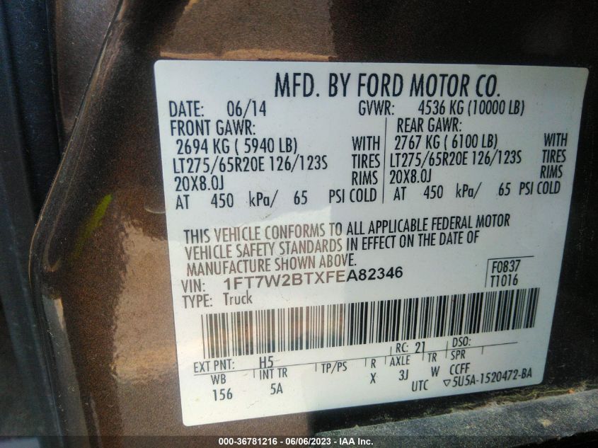2015 FORD SUPER DUTY F-250 SRW LARIAT/PLATINUM - 1FT7W2BTXFEA82346