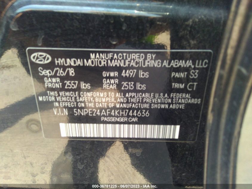 2019 HYUNDAI SONATA SE - 5NPE24AF4KH744636