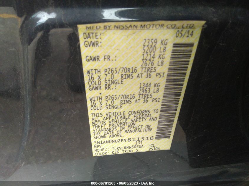 2014 NISSAN XTERRA S - 5N1AN0NU2EN811516