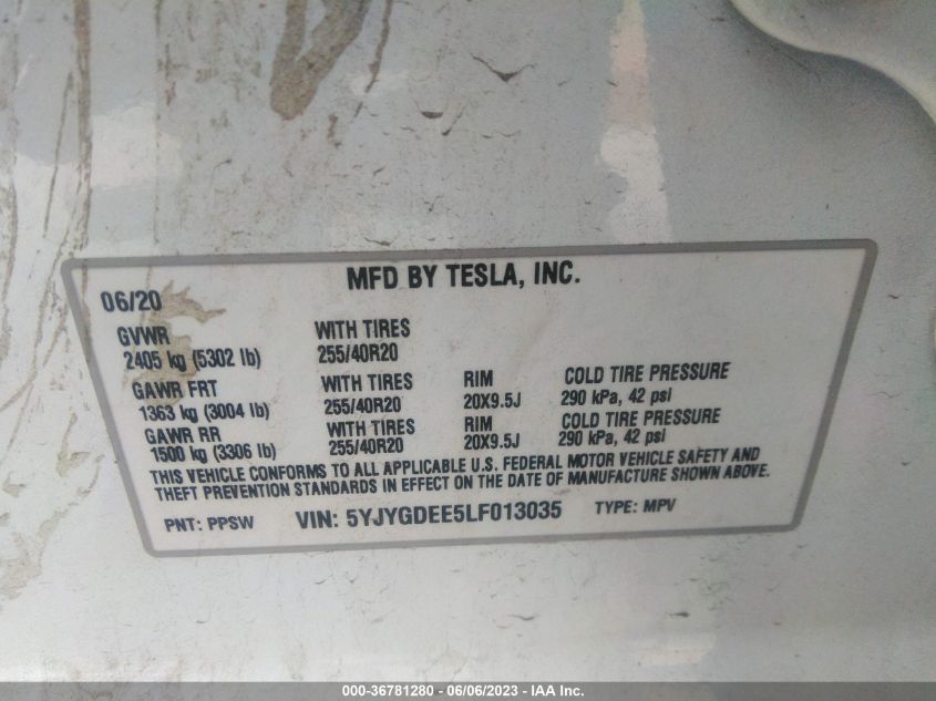 2020 TESLA MODEL Y LONG RANGE - 5YJYGDEE5LF013035