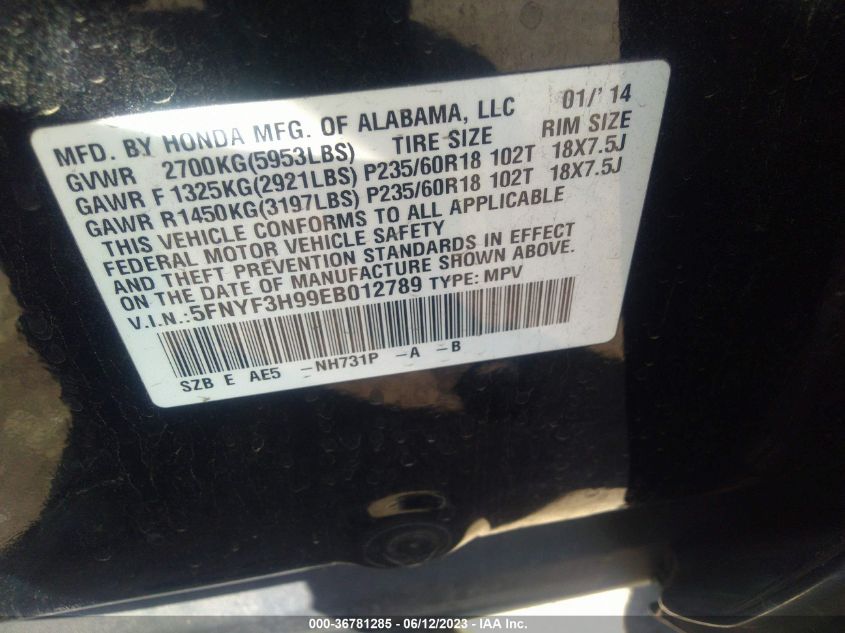 2014 HONDA PILOT TOURING - 5FNYF3H99EB012789