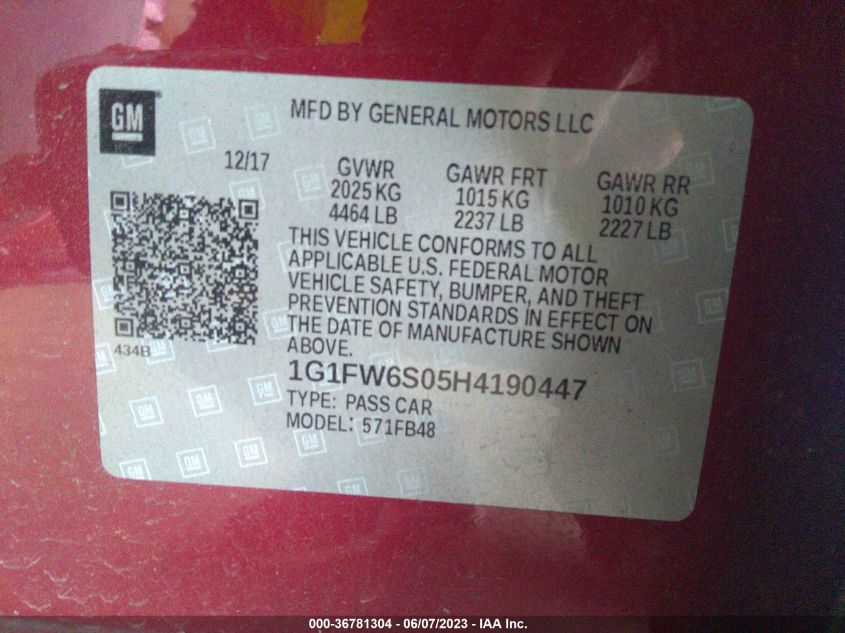 2017 CHEVROLET BOLT EV LT 1G1FW6S05H4190447