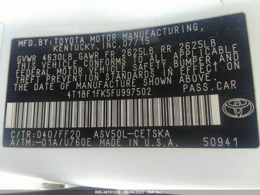 2015 TOYOTA CAMRY LE/XLE/SE/XSE - 4T1BF1FK5FU997502