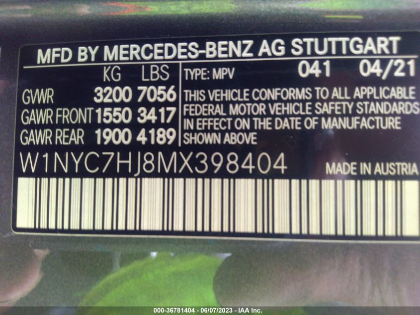 2021 MERCEDES-BENZ G 63 AMG W1NYC7HJ8MX398404