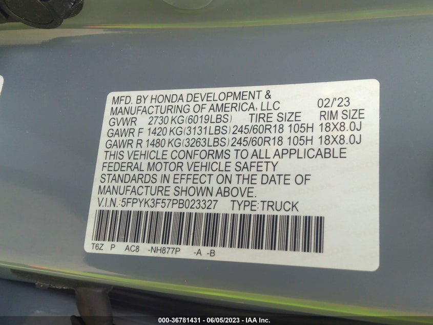 VIN 5FPYK3F57PB023327 2023 HONDA RIDGELINE RTL