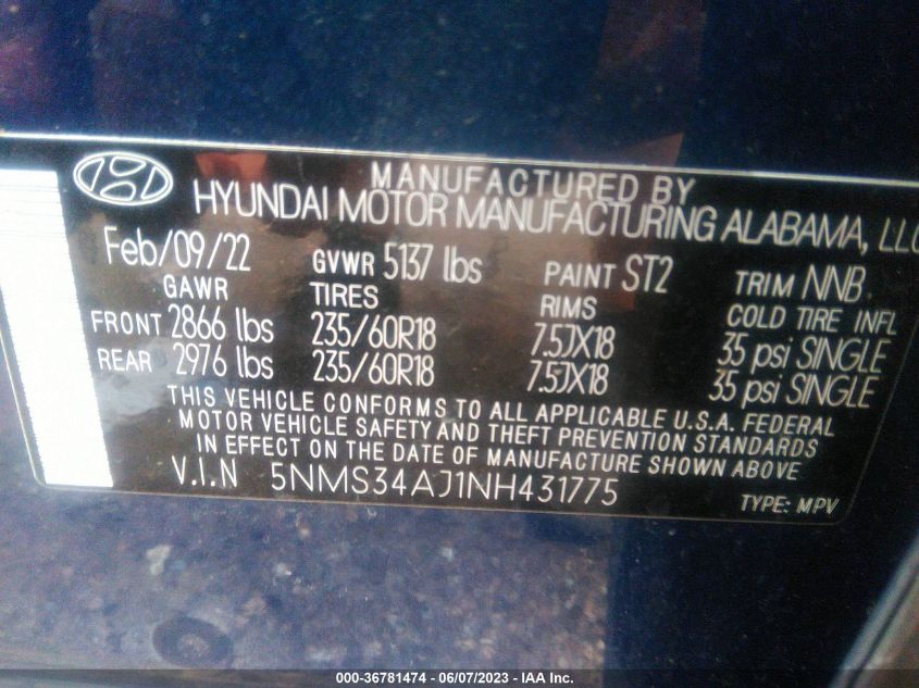 2022 HYUNDAI SANTA FE SEL - 5NMS34AJ1NH431775