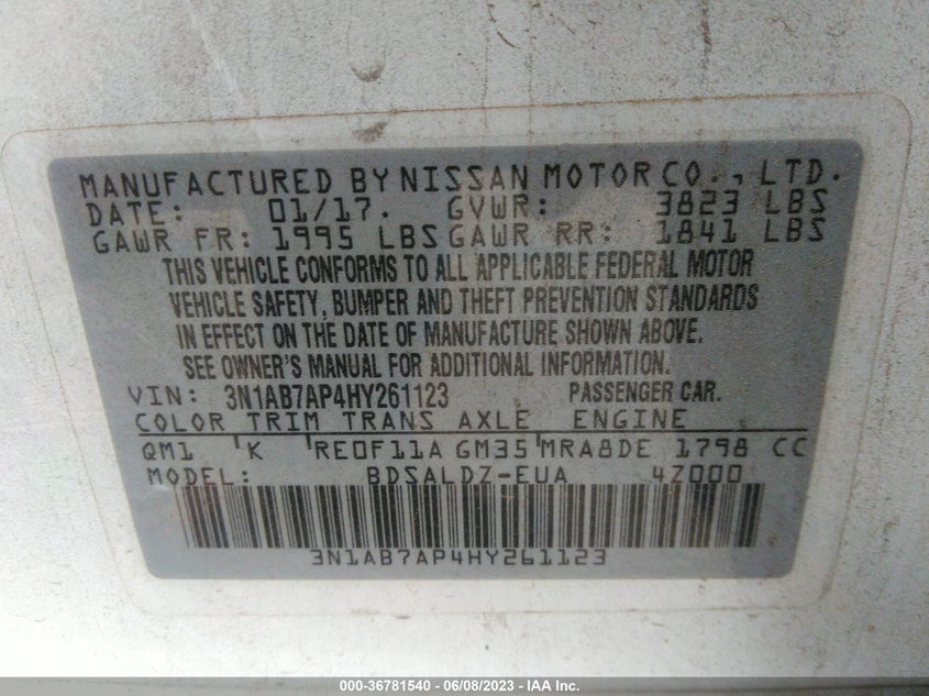 VIN 3N1AB7AP4HY261123 2017 NISSAN SENTRA SV