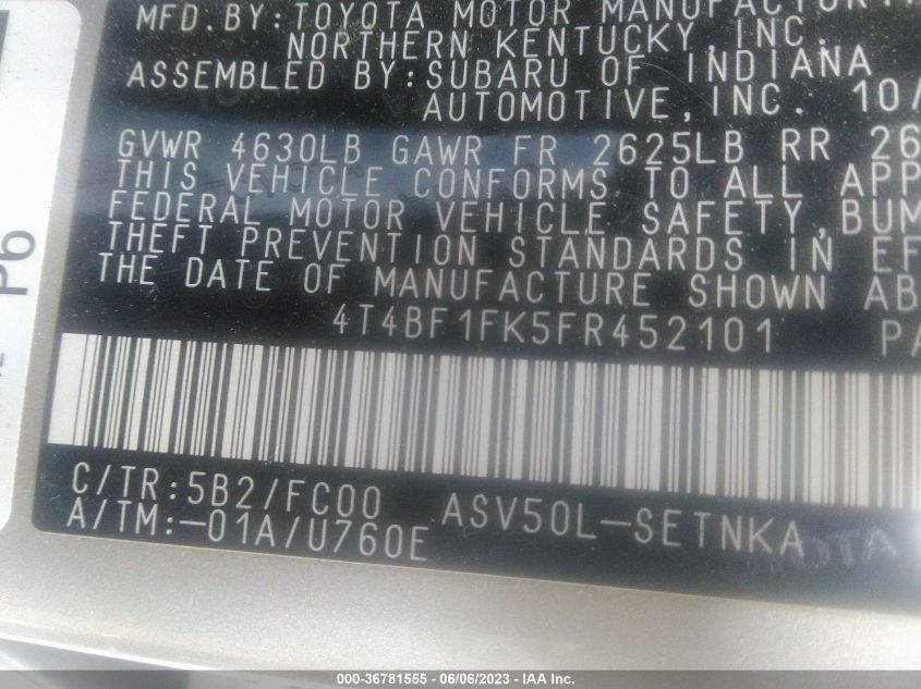 2015 TOYOTA CAMRY XLE/SE/LE/XSE - 4T4BF1FK5FR452101