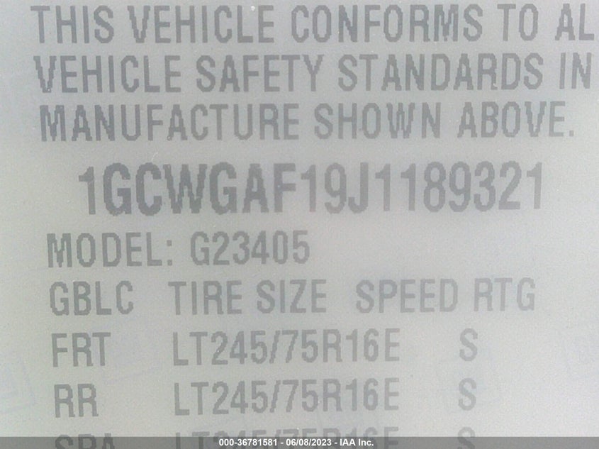 VIN 1GCWGAF19J1189321 2018 CHEVROLET EXPRESS CARGO VAN