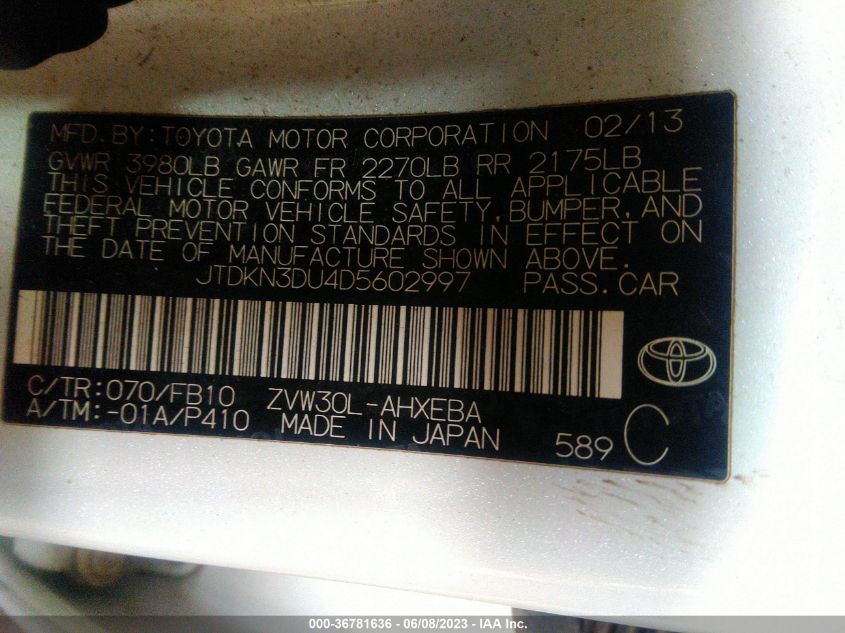 2013 TOYOTA PRIUS ONE/TWO/THREE/FOUR/FIVE - JTDKN3DU5D5600997