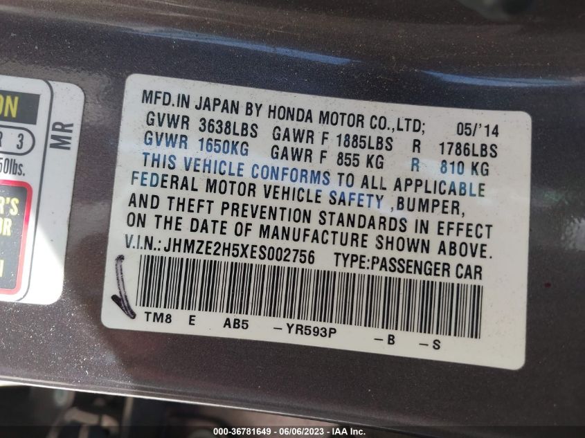 2014 HONDA INSIGHT LX JHMZE2H5XES002756