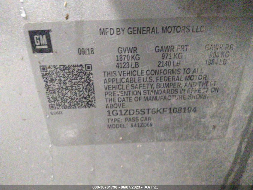 2019 CHEVROLET MALIBU LT - 1G1ZD5ST6KF108194