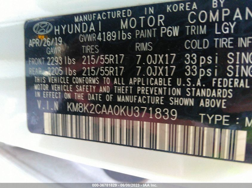 2019 HYUNDAI KONA SEL - KM8K2CAA0KU371839