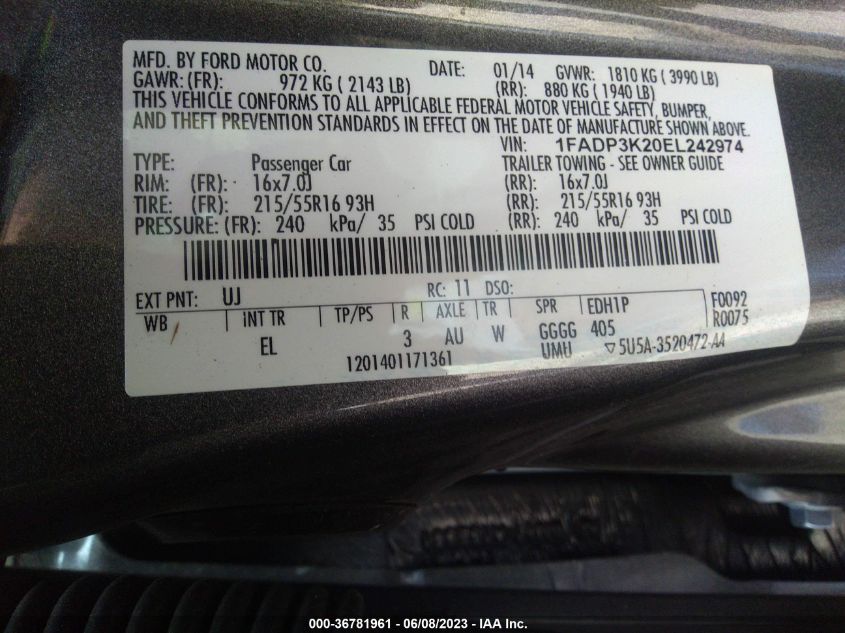 2014 FORD FOCUS SE - 1FADP3K20EL242974