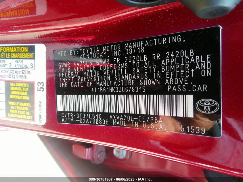 2018 TOYOTA CAMRY XSE - 4T1B61HK3JU678315
