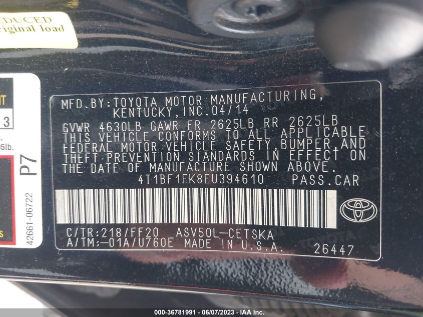 2014 TOYOTA CAMRY L/LE/XLE/SE/SE SPORT - 4T1BF1FK8EU394610