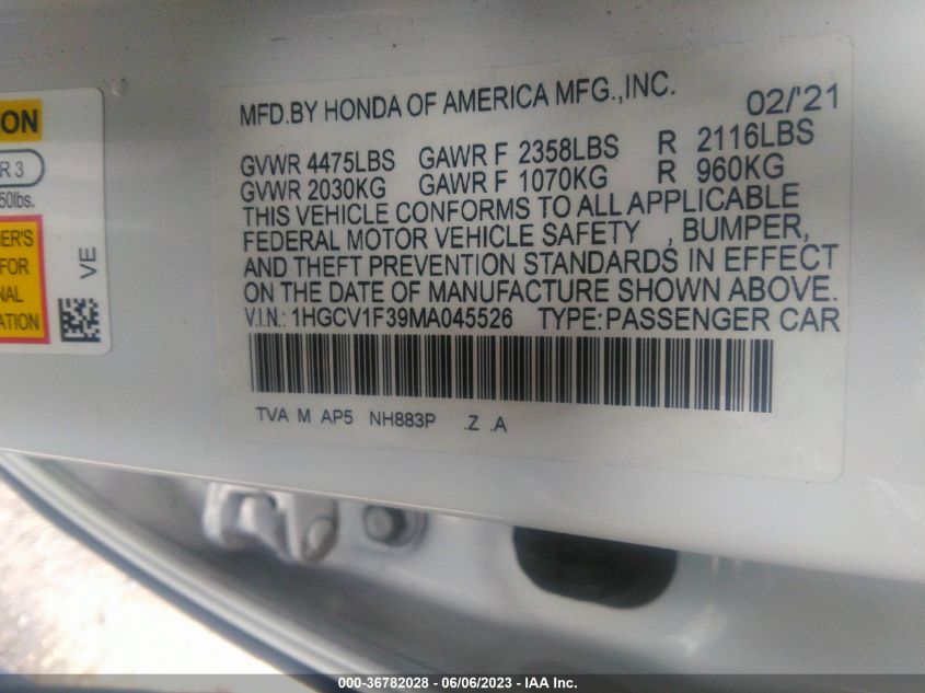 2021 HONDA ACCORD SEDAN SPORT - 1HGCV1F39MA045526