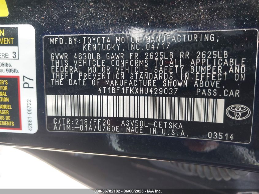 2017 TOYOTA CAMRY XLE/SE/LE/XSE - 4T1BF1FKXHU429037