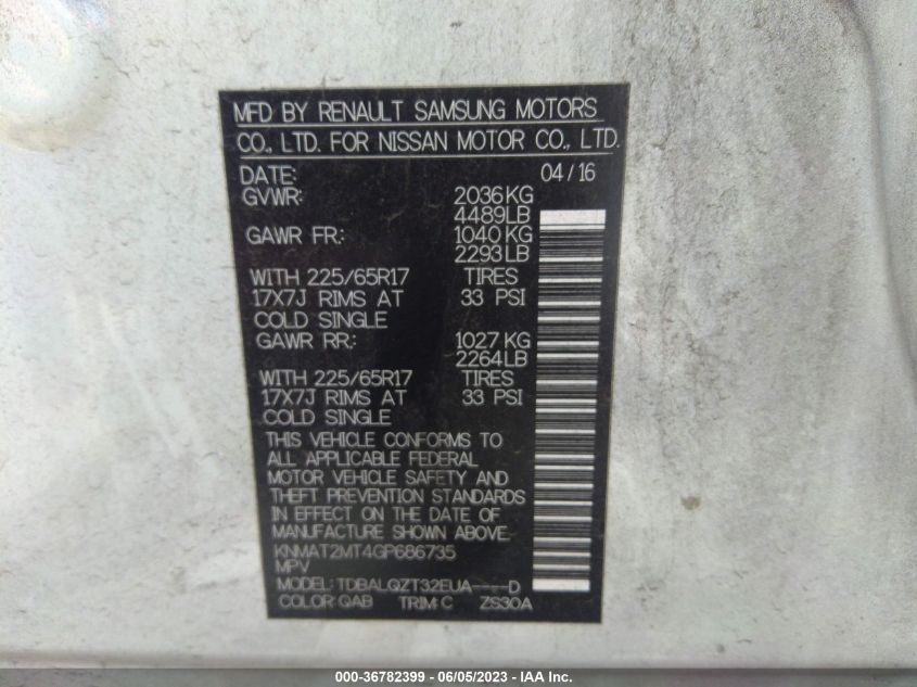 2016 NISSAN ROGUE SV - KNMAT2MT4GP686735