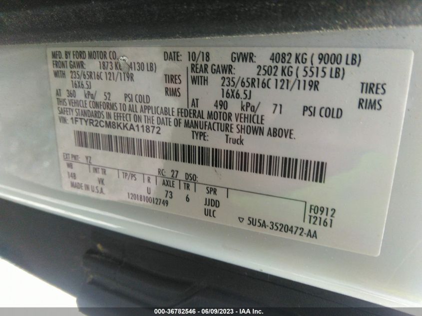 2019 FORD TRANSIT VAN - 1FTYR2CM8KKA11872