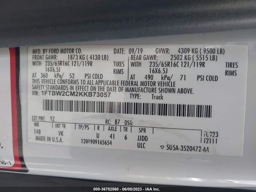 2019 FORD TRANSIT VAN - 1FTBW2CM2KKB73057