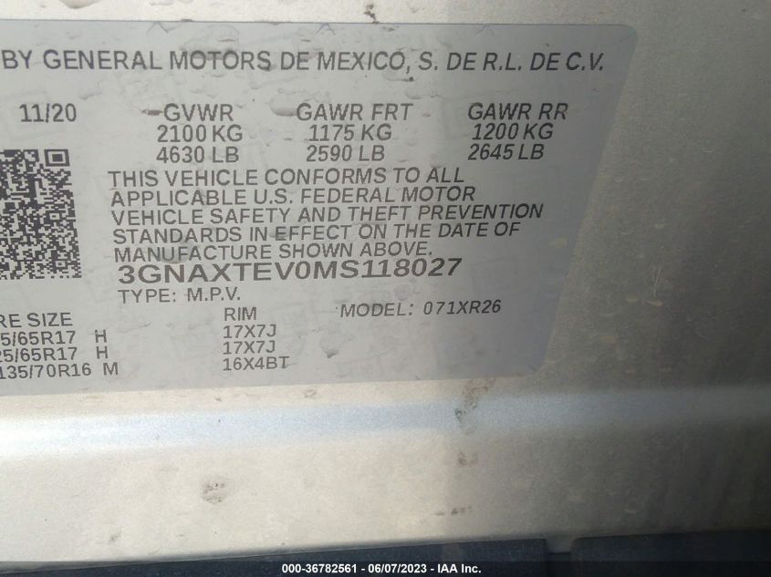 2021 CHEVROLET EQUINOX LT - 3GNAXTEV0MS118027