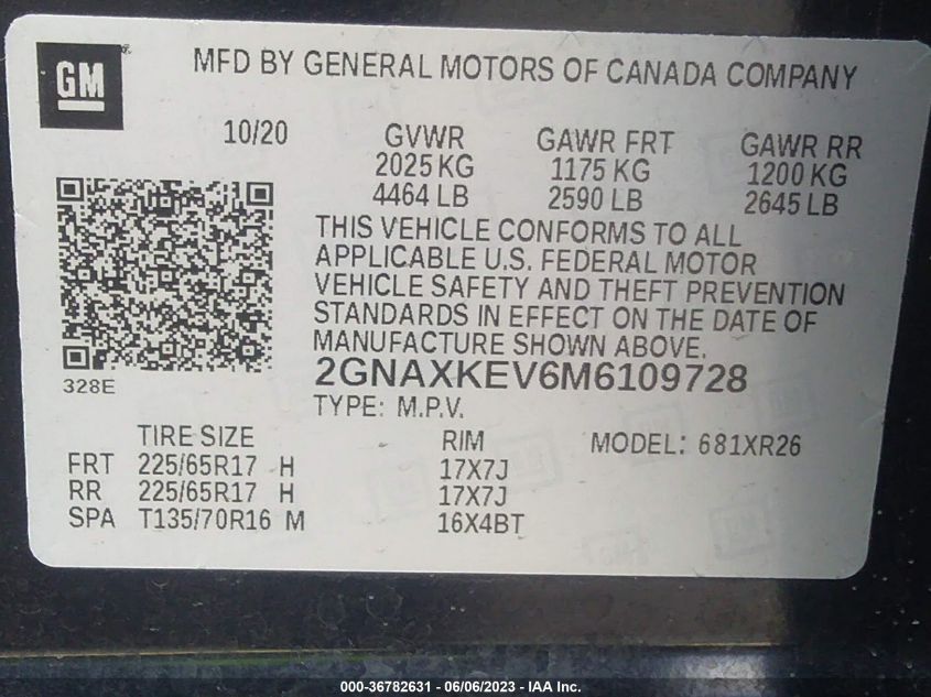 2021 CHEVROLET EQUINOX LT - 2GNAXKEV6M6109728