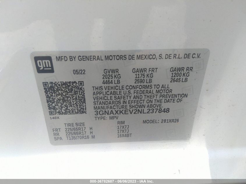 2022 CHEVROLET EQUINOX LT - 3GNAXKEV2NL237848