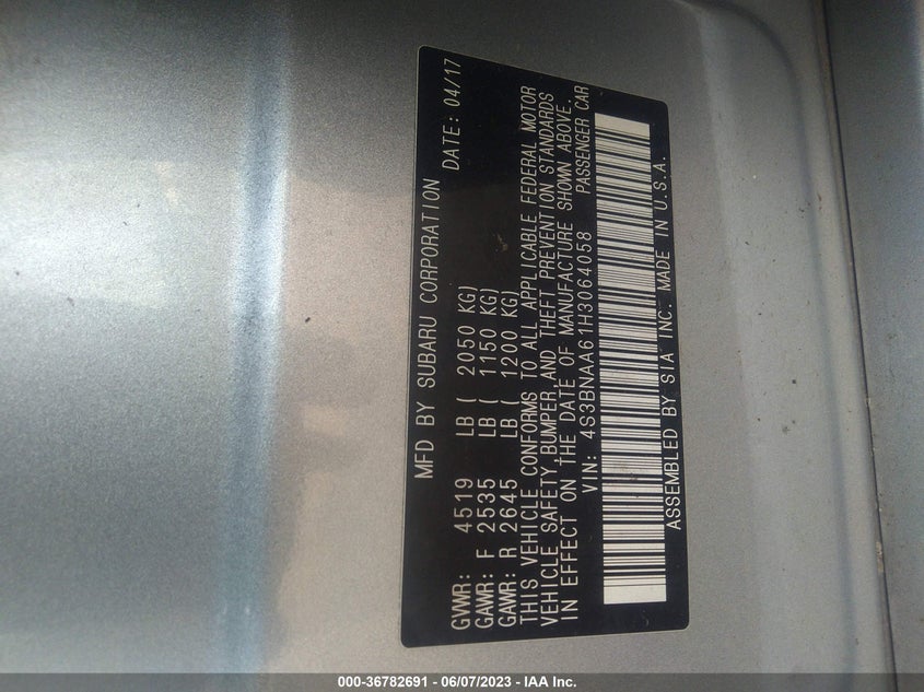 VIN 4S3BNAA61H3064058 2017 SUBARU LEGACY 2.5I