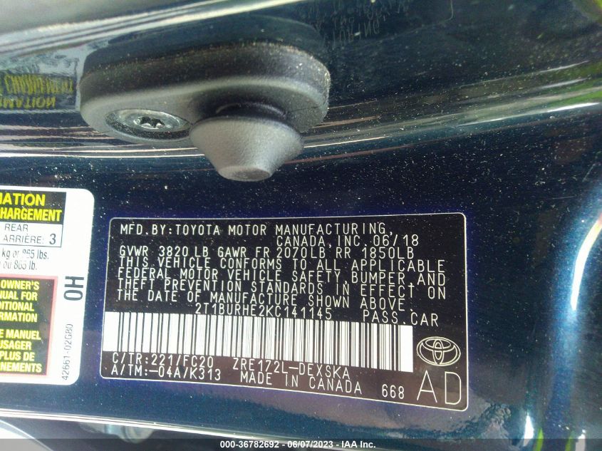 2019 TOYOTA COROLLA SE - 2T1BURHE2KC141145