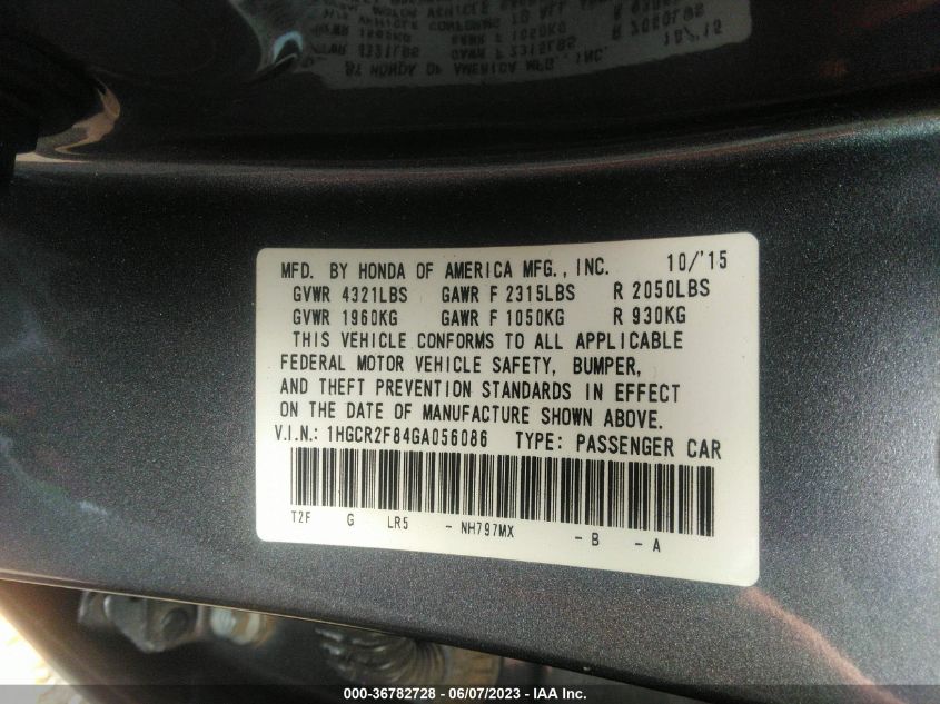 2016 HONDA ACCORD SEDAN EX-L - 1HGCR2F84GA056086