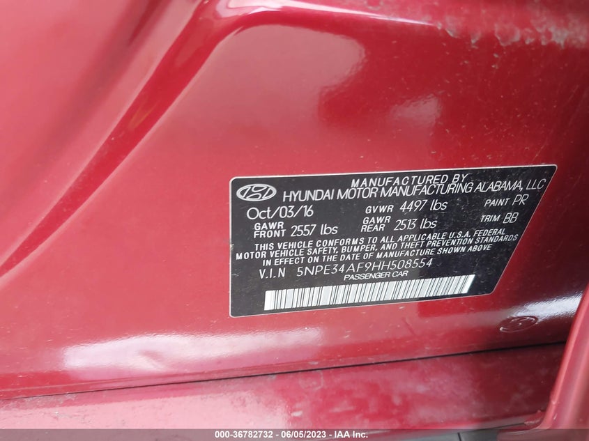 VIN 5NPE34AF9HH508554 2017 HYUNDAI SONATA SPORT
