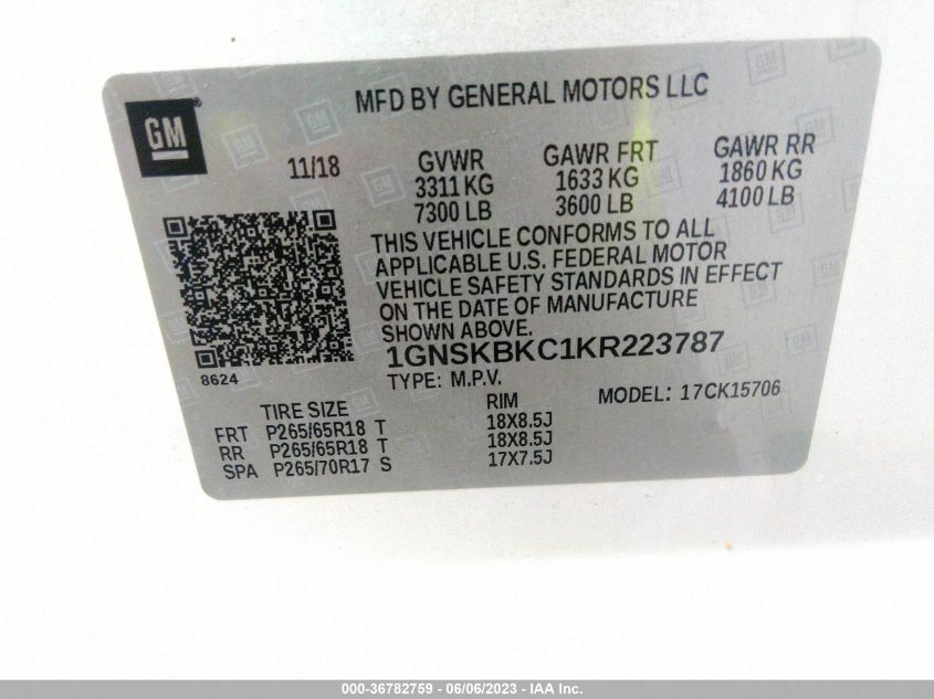 2019 CHEVROLET TAHOE K1500 LT - 1GNSKBKC1KR223787