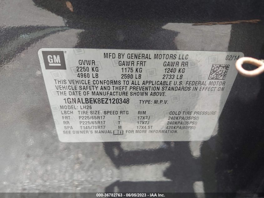 2014 CHEVROLET EQUINOX LT - 1GNALBEK8EZ120348