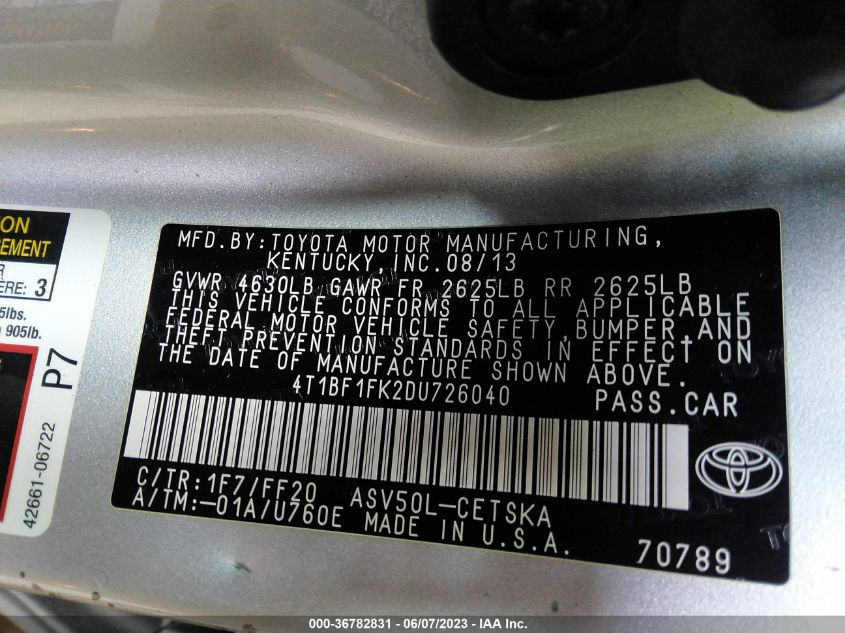 2013 TOYOTA CAMRY L/LE/SE/XLE - 4T1BF1FK2DU726040