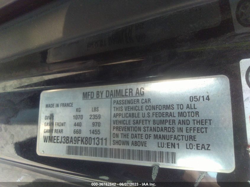 2015 SMART FORTWO PASSION/PURE WMEEJ3BA9FK801311