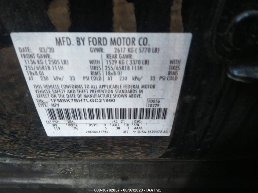 2020 FORD EXPLORER BASE - 1FMSK7BH7LGC21990
