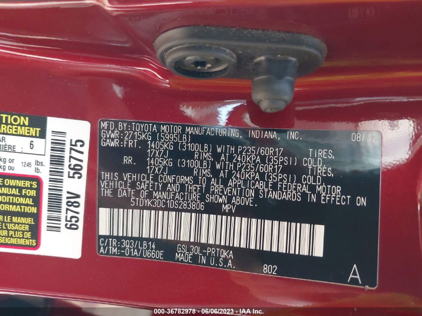 2013 TOYOTA SIENNA XLE AAS/XLE/LTD - 5TDYK3DC1DS283806