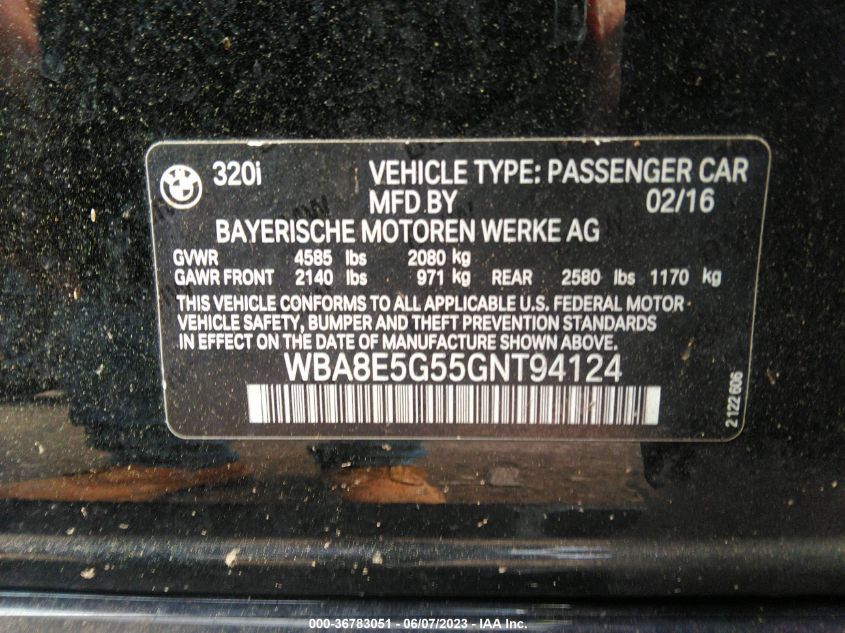 2016 BMW 3 SERIES 320I XDRIVE - WBA8E5G55GNT94124