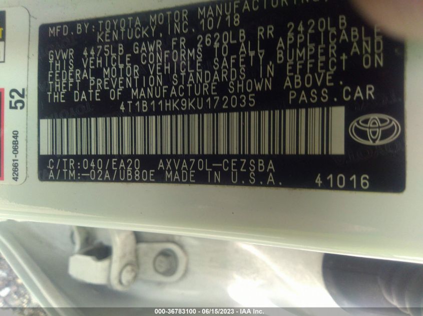 2019 TOYOTA CAMRY LE/SE/XLE/L - 4T1B11HK9KU172035