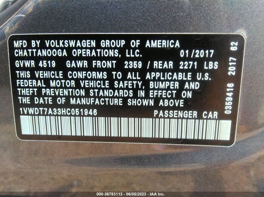 2017 VOLKSWAGEN PASSAT R-LINE W/COMFORT PKG - 1VWDT7A33HC051946