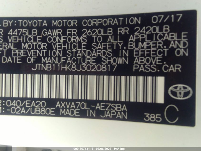2018 TOYOTA CAMRY L/LE/XLE/SE/XSE - JTNB11HK8J3020817
