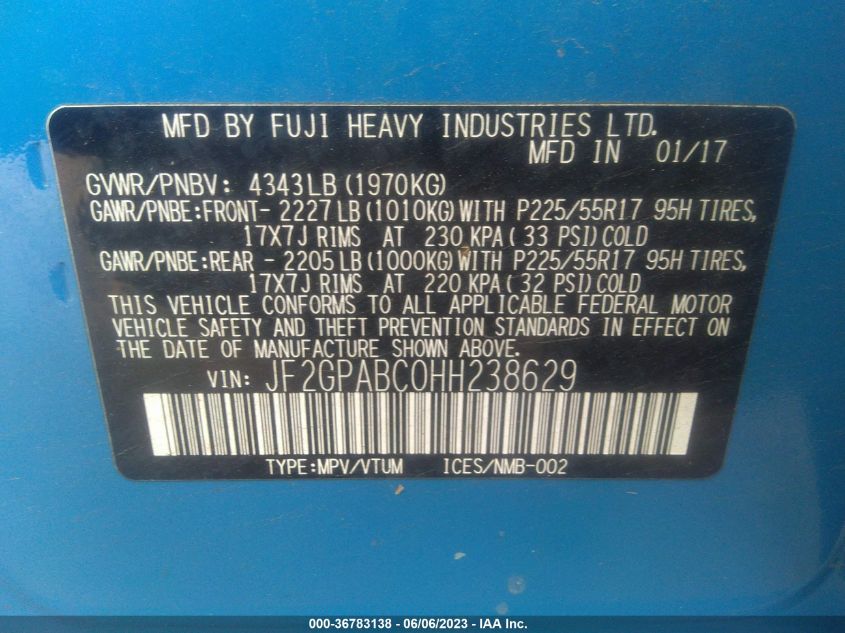 2017 SUBARU CROSSTREK PREMIUM - JF2GPABC0HH238629