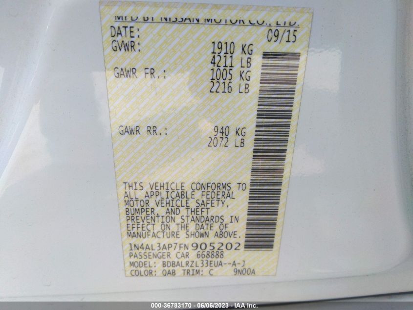 2015 NISSAN ALTIMA 2.5/S/SV/SL - 1N4AL3AP7FN905202